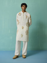 Farhan Block-Printed Floral Kurta Set - Ivory
