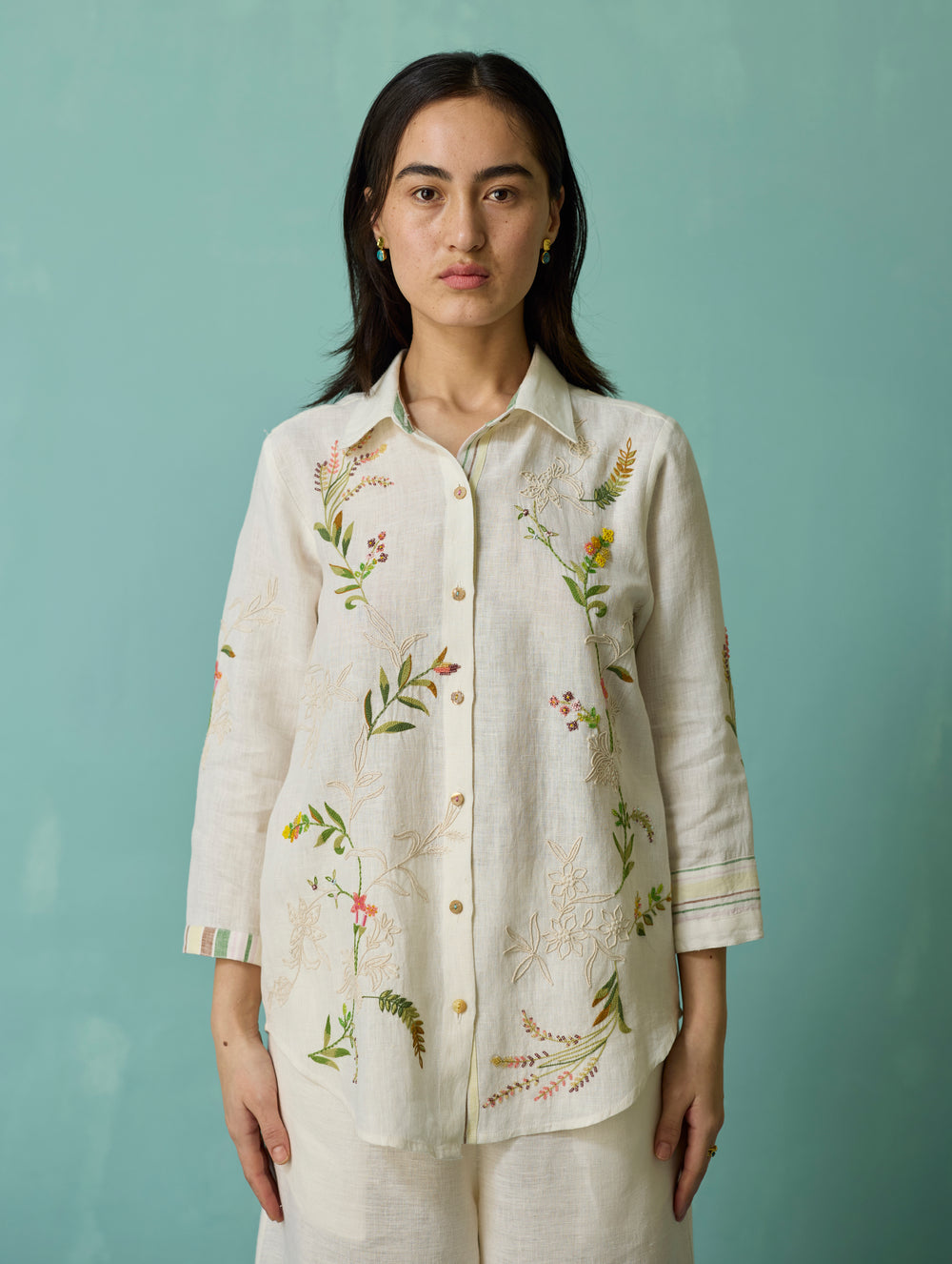 Kima Hand-Embroidered Floral Shirt - Ivory