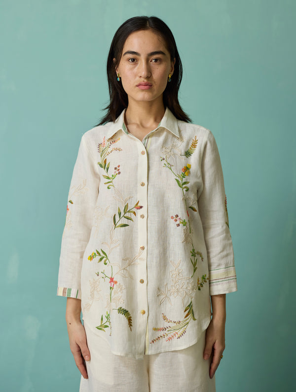 Kima Hand-Embroidered Floral Co-ord Set - Ivory