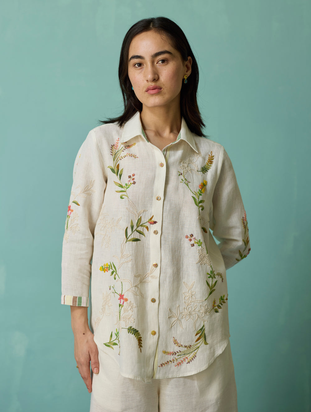 Kima Hand-Embroidered Floral Shirt - Ivory