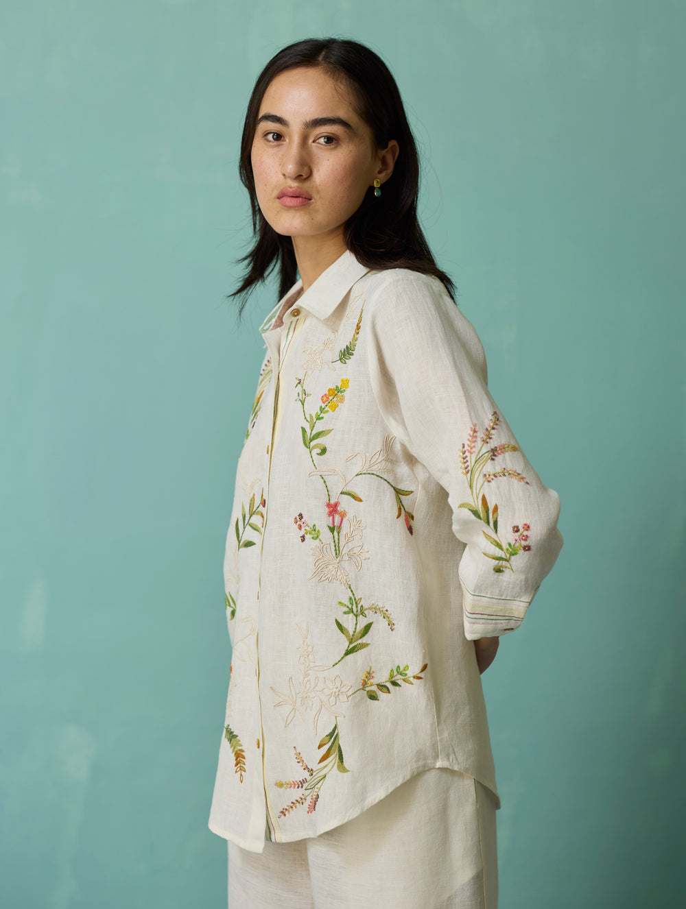 Kima Hand-Embroidered Floral Shirt - Ivory