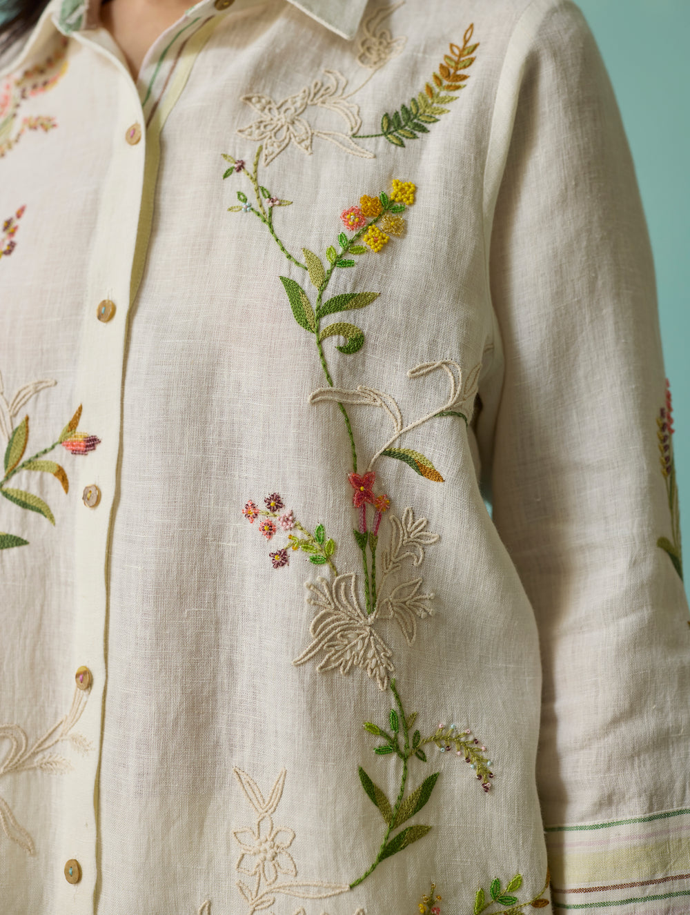 Kima Hand-Embroidered Floral Shirt - Ivory