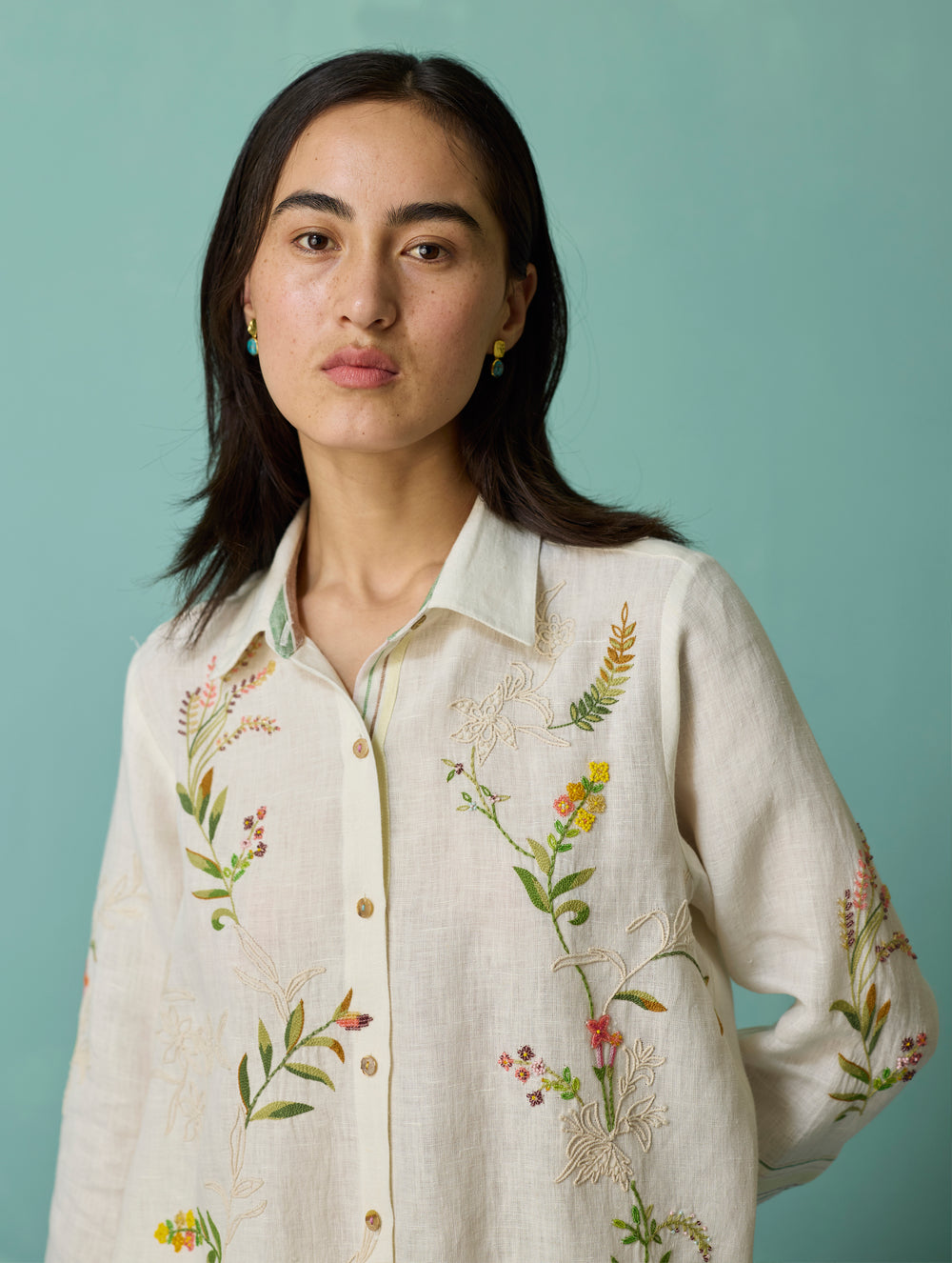 Kima Hand-Embroidered Floral Shirt - Ivory