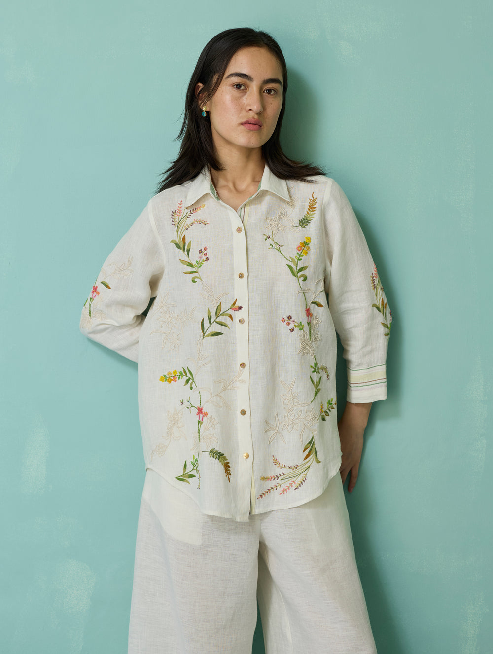 Kima Hand-Embroidered Floral Shirt - Ivory