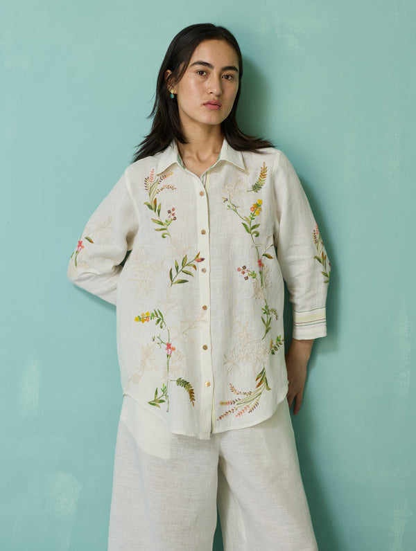 Kima Hand-Embroidered Floral Co-ord Set - Ivory