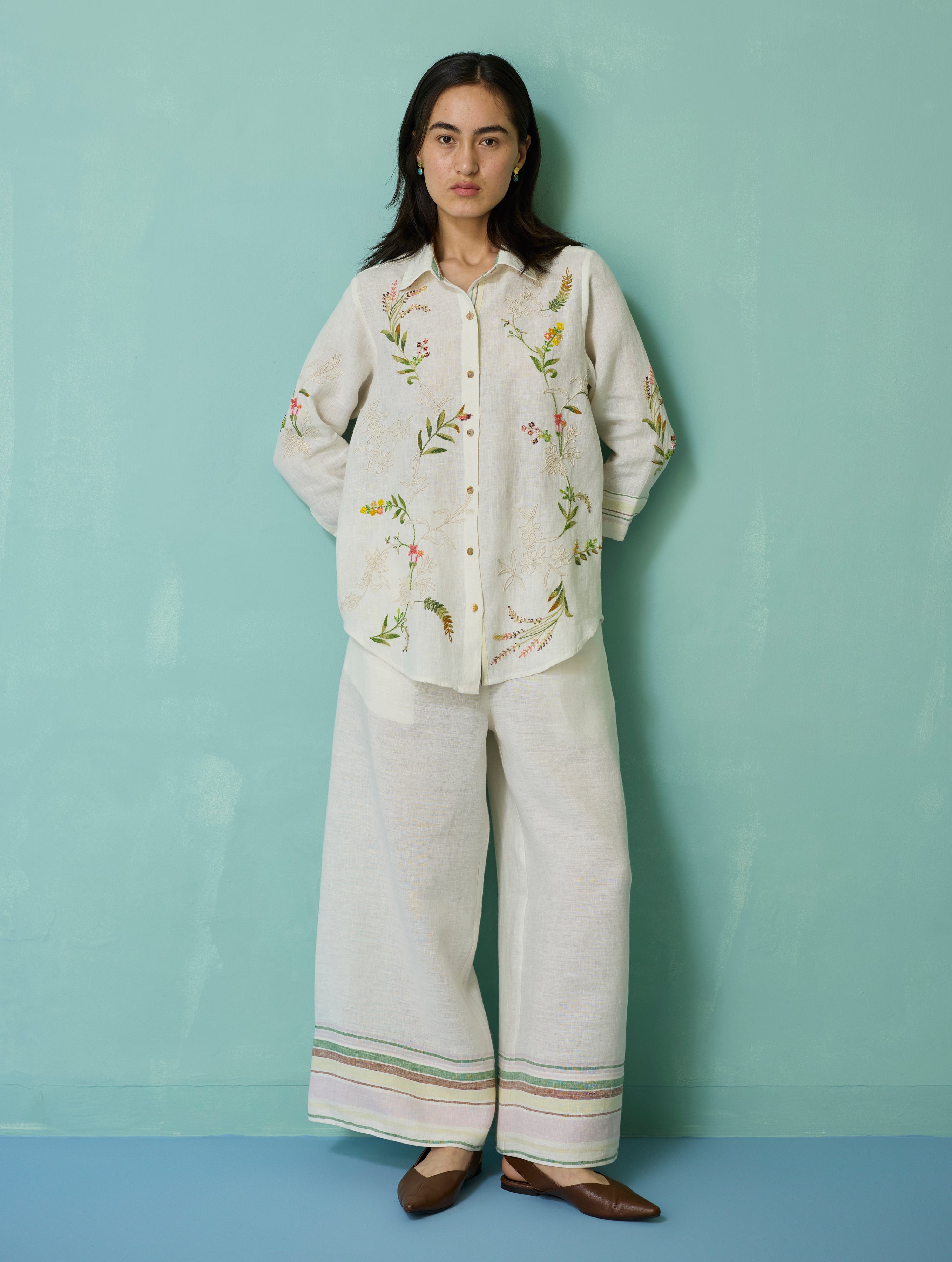 Kima Hand-Embroidered Floral Co-ord Set - Ivory