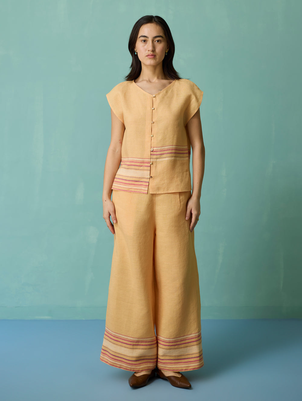 Xora Border Linen Cap-Sleeve Top - Apricot