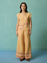 Xora Border Linen Cap-Sleeve Top - Apricot