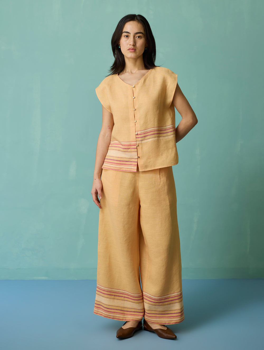 Xora Border Linen Cap-Sleeve Top - Apricot