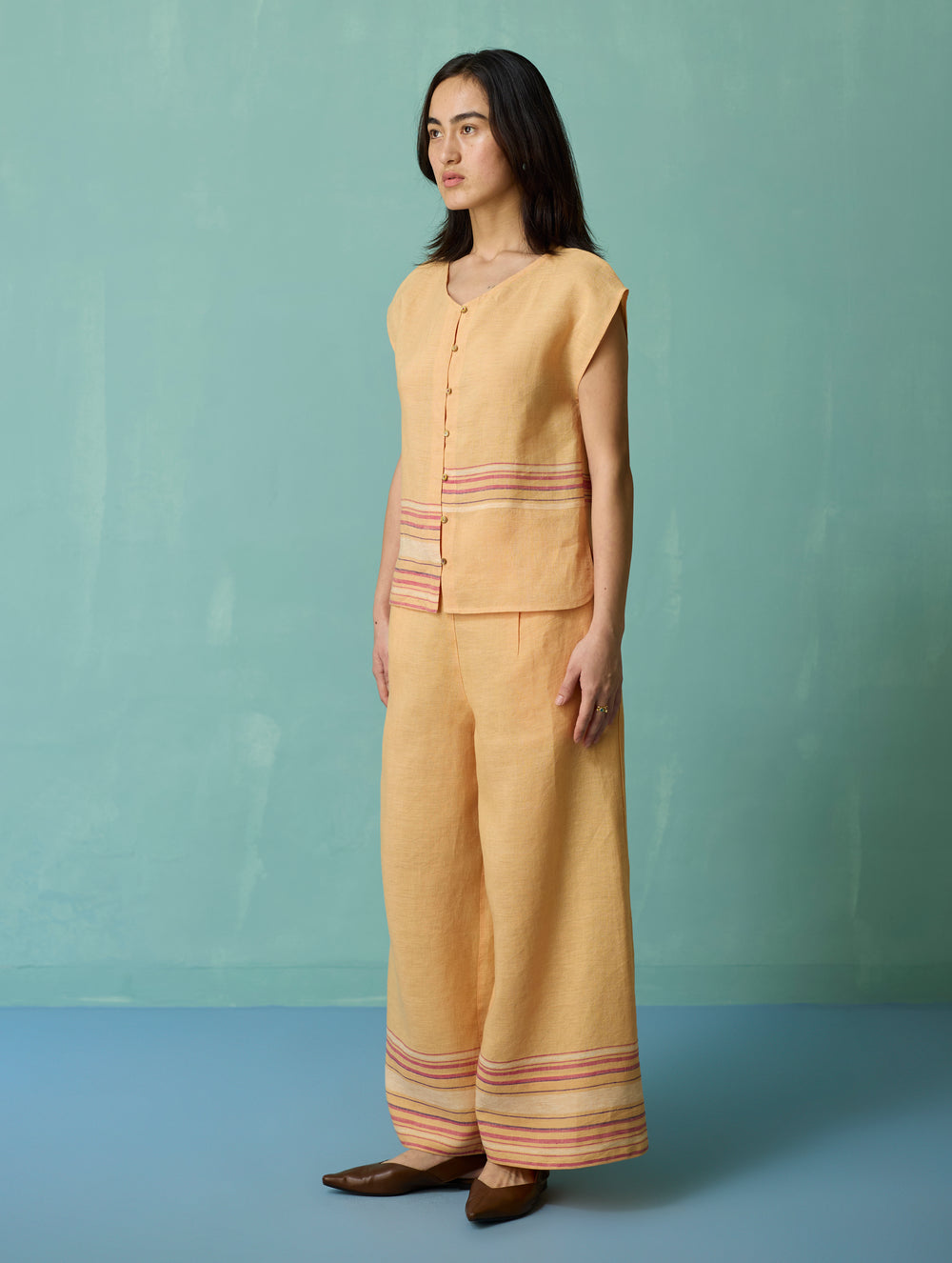 Xora Border Linen Cap-Sleeve Top - Apricot