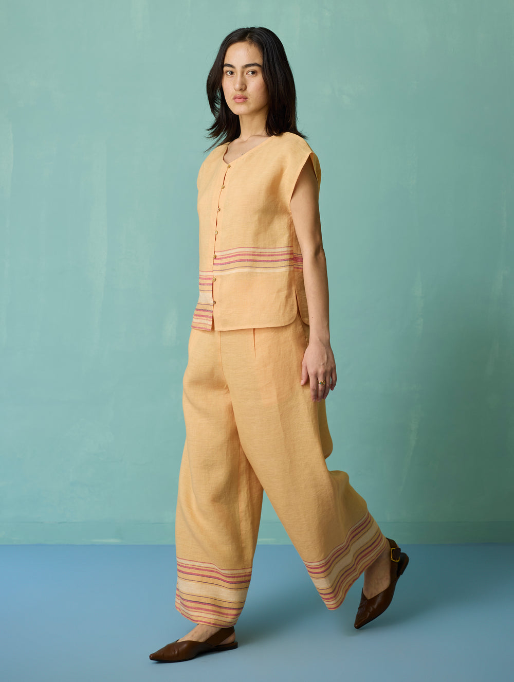 Xora Border Linen Cap-Sleeve Top - Apricot