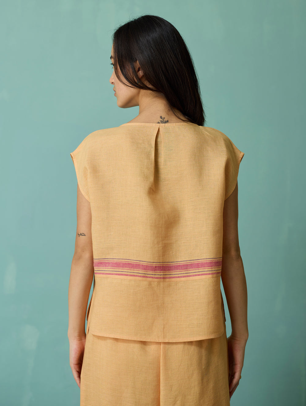 Xora Border Linen Cap-Sleeve Top - Apricot