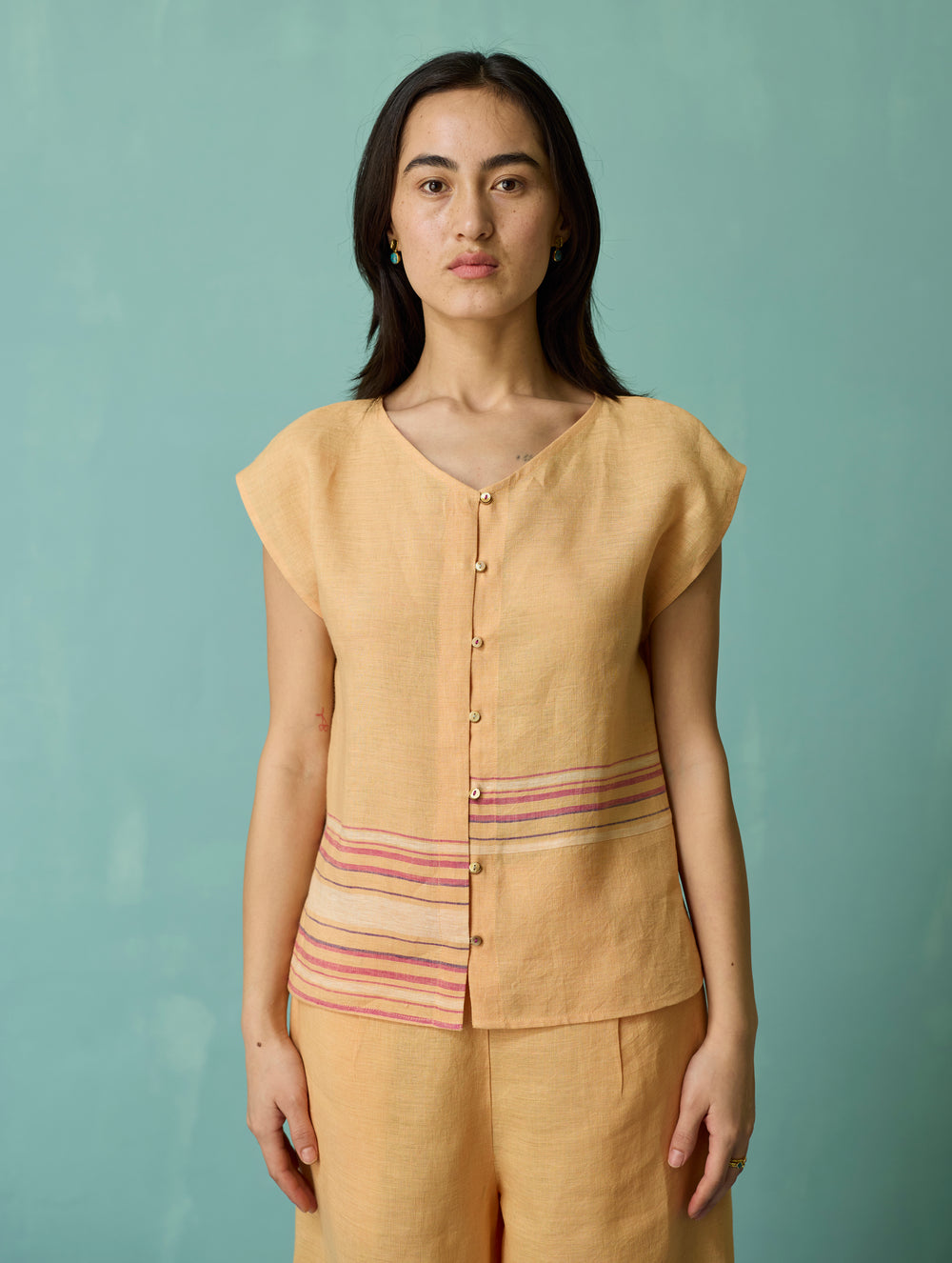 Xora Border Linen Cap-Sleeve Top - Apricot