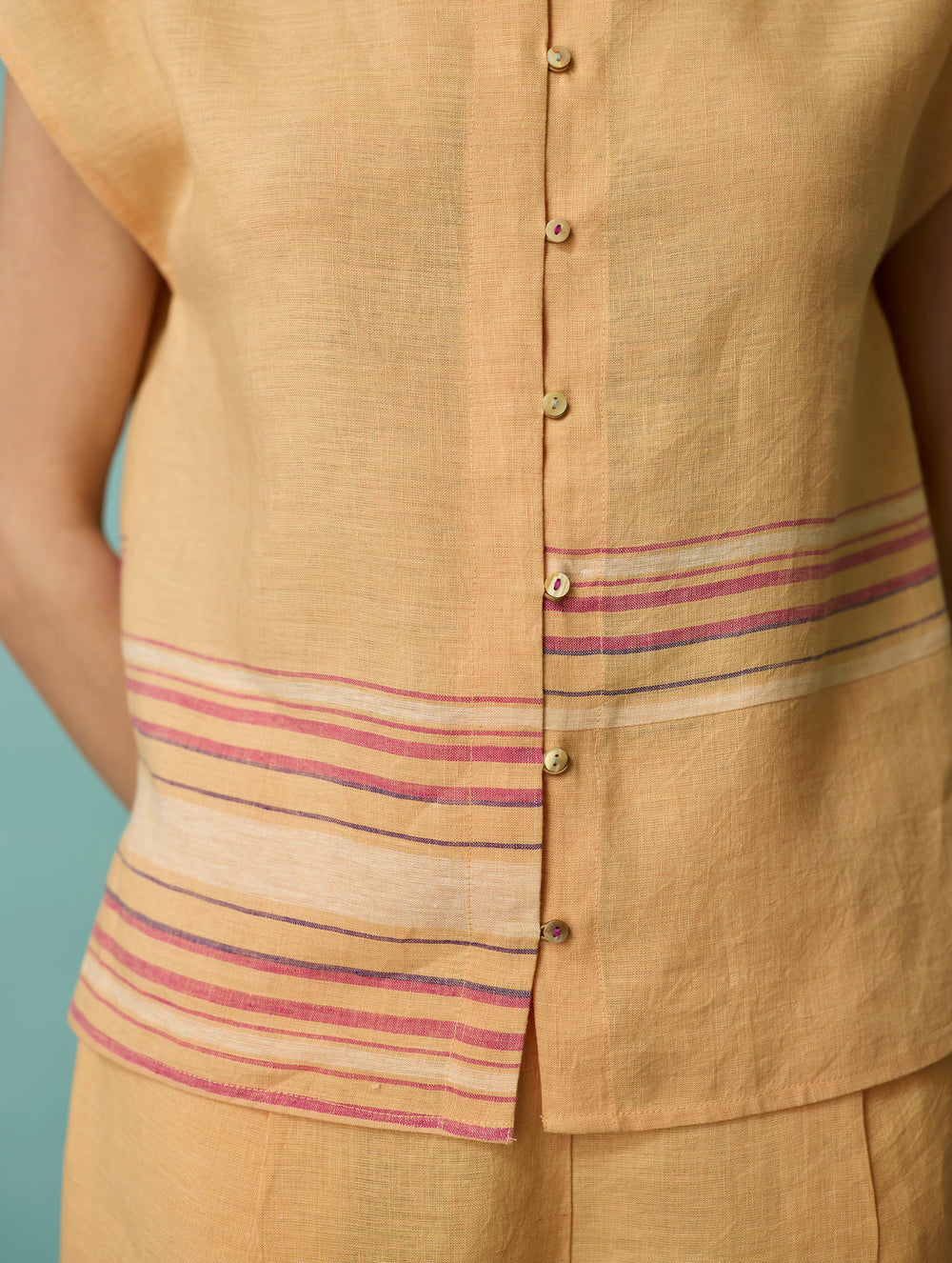 Xora Border Linen Cap-Sleeve Top - Apricot