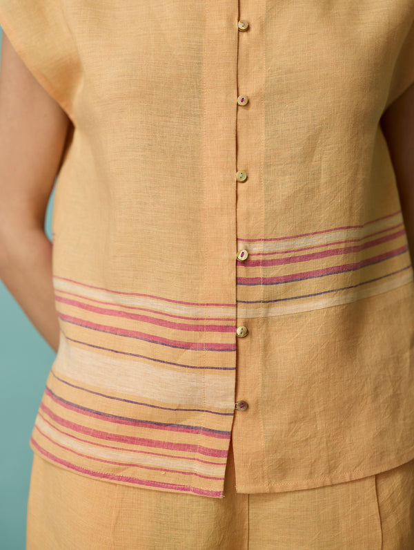 Xora Border Linen Cap-Sleeve Top - Apricot