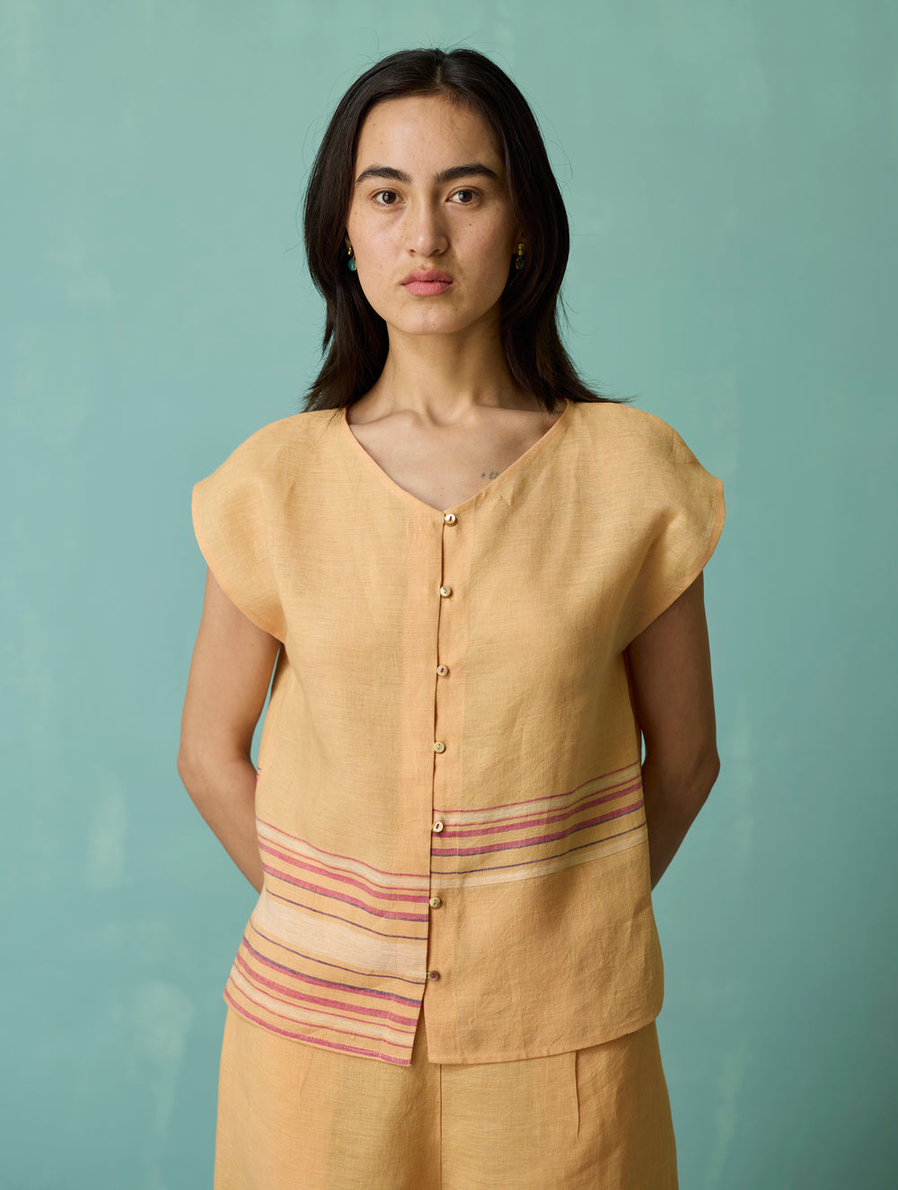 Xora Border Linen Cap-Sleeve Top - Apricot