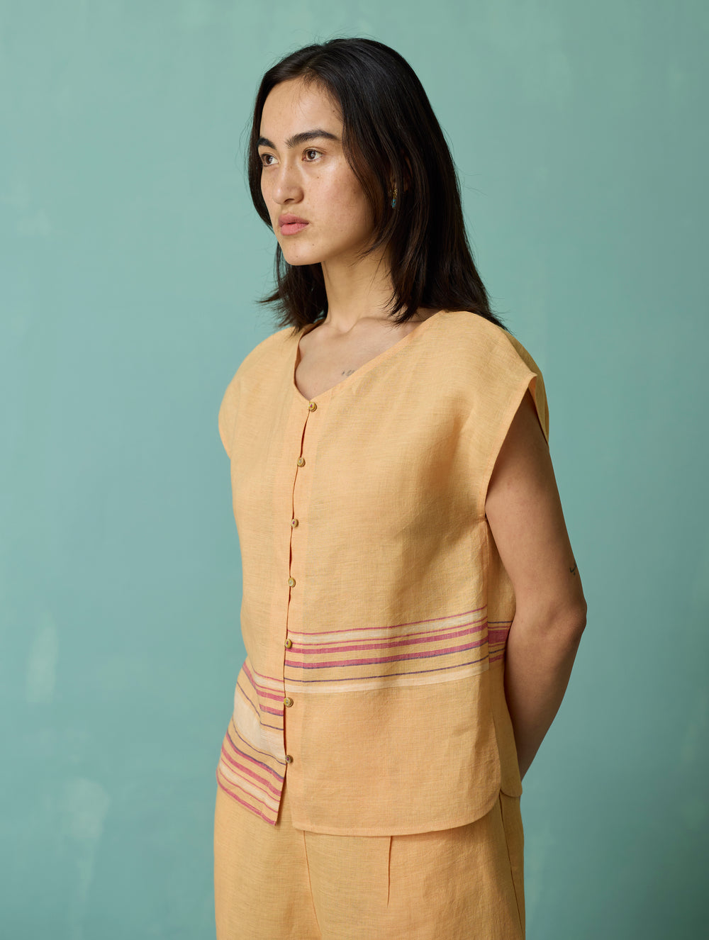 Xora Border Linen Cap-Sleeve Top - Apricot