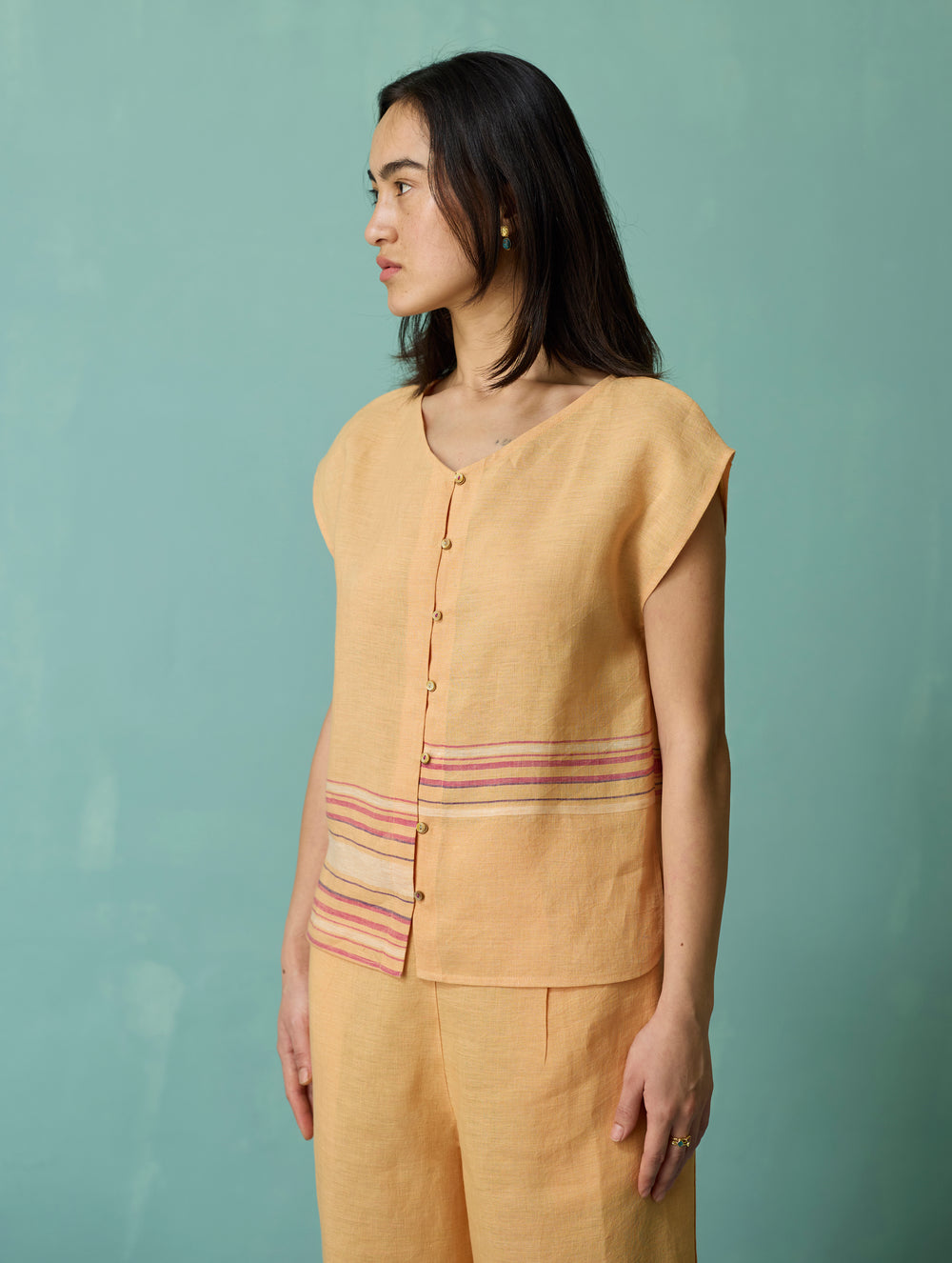 Xora Border Linen Cap-Sleeve Top - Apricot