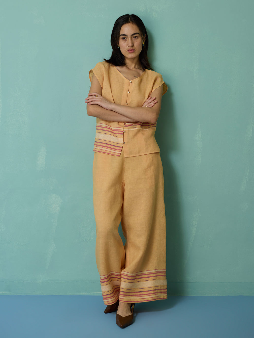 Xora Border Linen Cap-Sleeve Top - Apricot