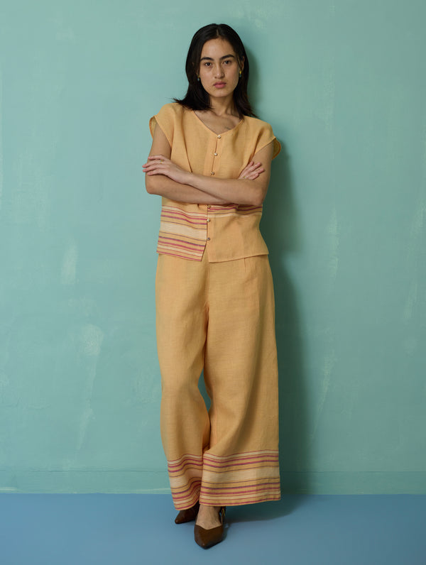 Xora Border Linen Cap-Sleeve Top - Apricot