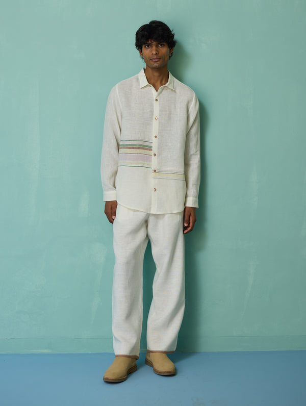 Daniel Border Stripe Linen Shirt - Ivory