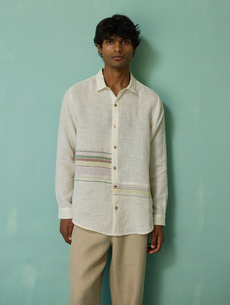 Daniel Border Stripe Linen Shirt - Ivory