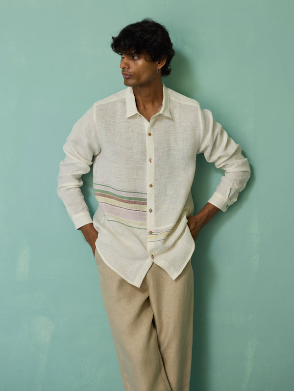 Daniel Border Stripe Linen Shirt - Ivory