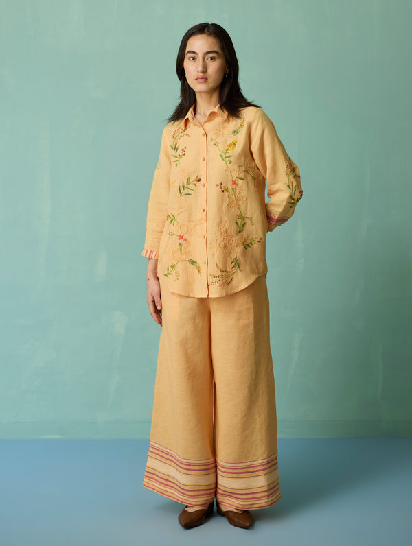 Kima Hand-Embroidered Floral Shirt - Apricot