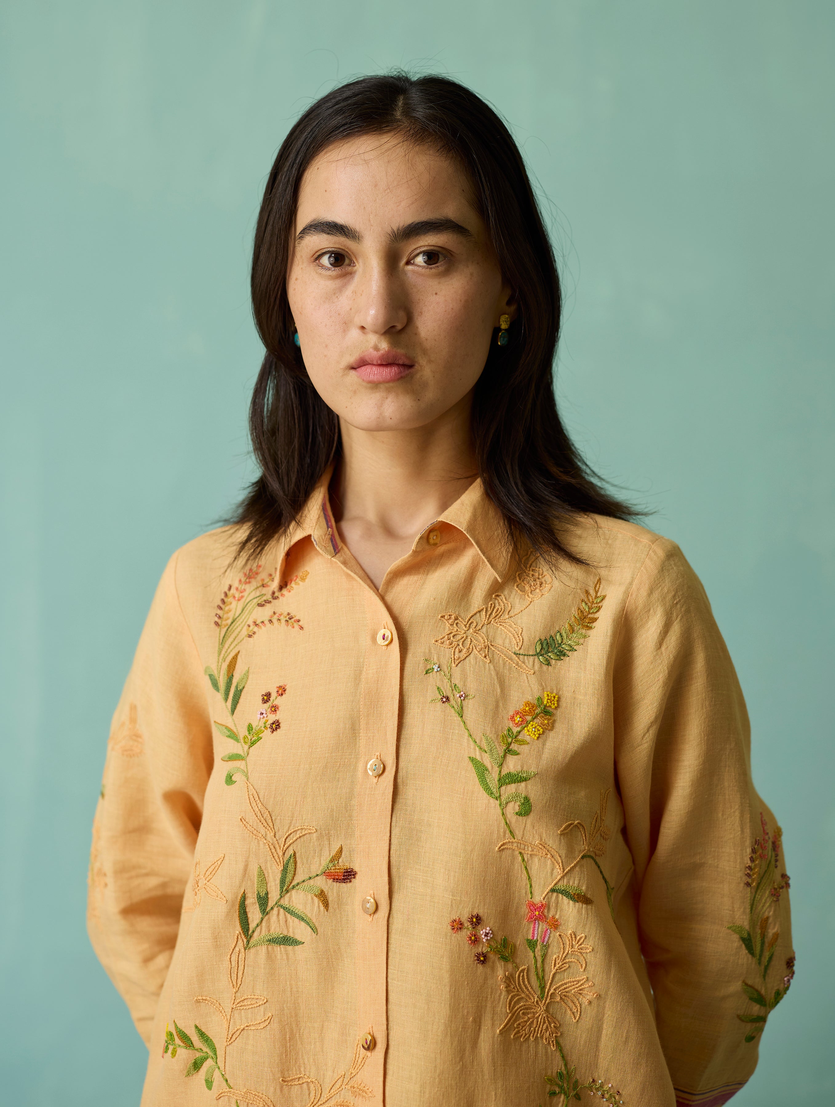 Kima Hand-Embroidered Floral Co-ord Set - Apricot