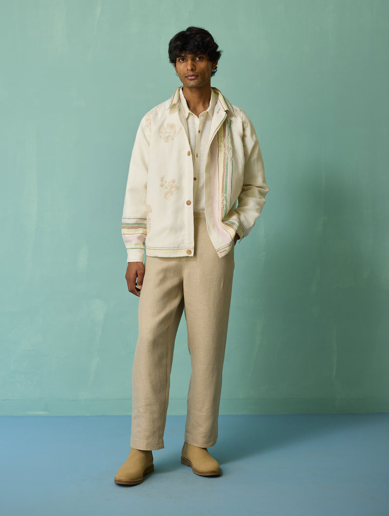 Sorren Hand-Embroidered Border Linen Jacket - Ivory | Manan