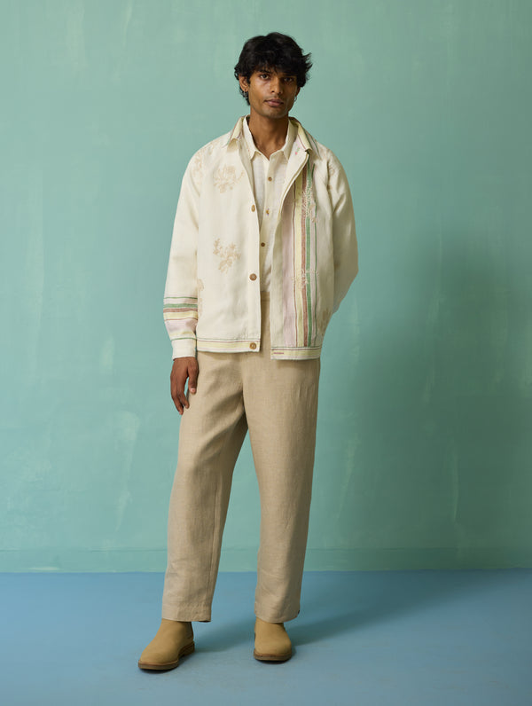 Sorren Hand-Embroidered Border Linen Jacket - Ivory