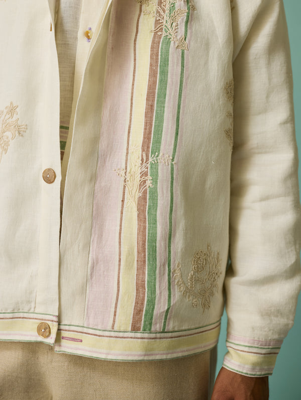 Sorren Hand-Embroidered Border Linen Jacket - Ivory