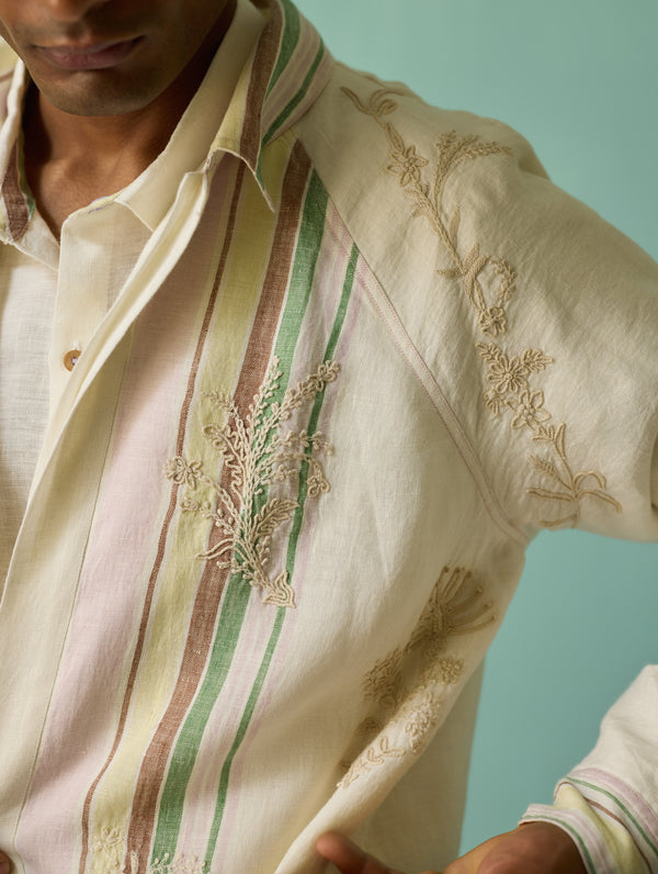 Sorren Hand-Embroidered Border Linen Jacket - Ivory