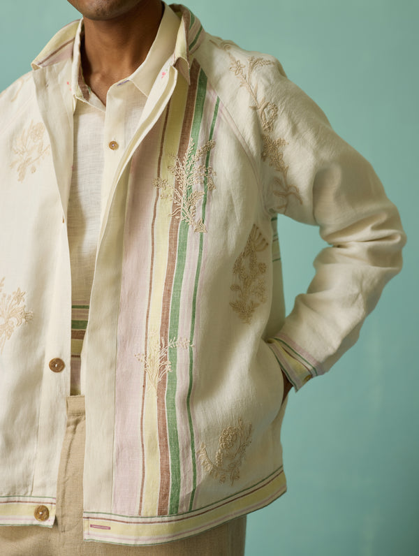 Sorren Hand-Embroidered Border Linen Jacket - Ivory