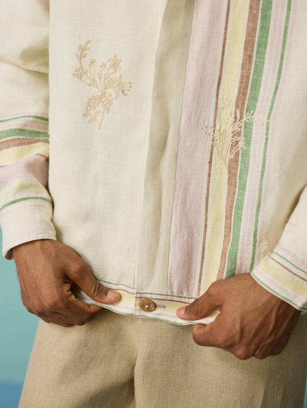 Sorren Hand-Embroidered Border Linen Jacket - Ivory