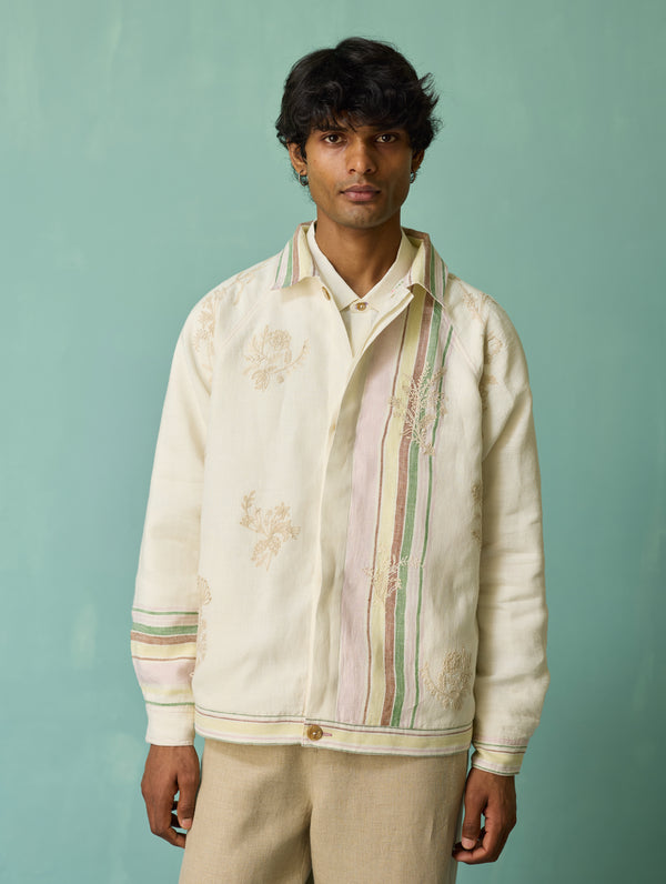 Sorren Hand-Embroidered Border Linen Jacket - Ivory