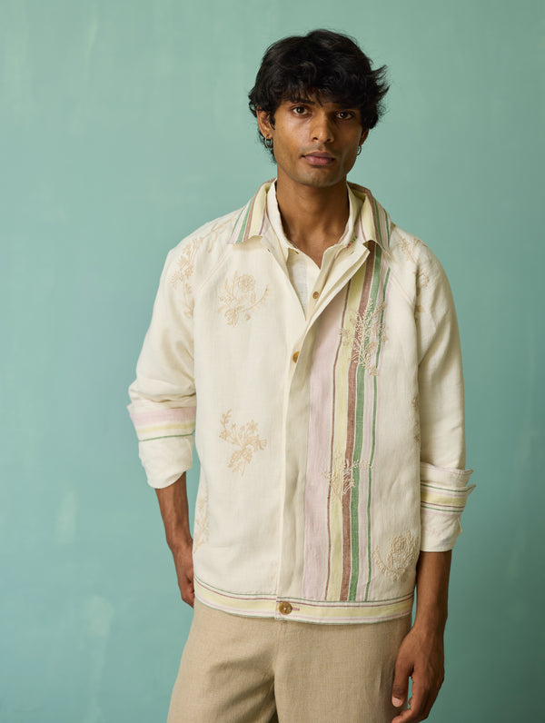 Sorren Hand-Embroidered Border Linen Jacket - Ivory