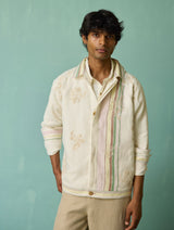 Sorren Hand-Embroidered Border Linen Jacket - Ivory