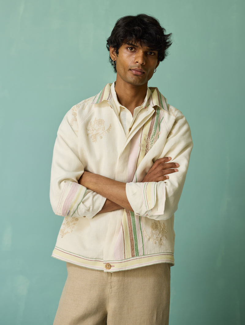 Sorren Hand-Embroidered Border Linen Jacket - Ivory | Manan