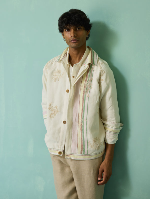 Sorren Hand-Embroidered Border Linen Jacket - Ivory