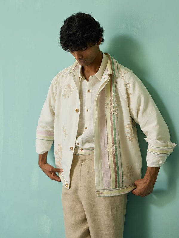 Sorren Hand-Embroidered Border Linen Jacket - Ivory