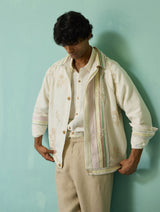 Sorren Hand-Embroidered Border Linen Jacket - Ivory