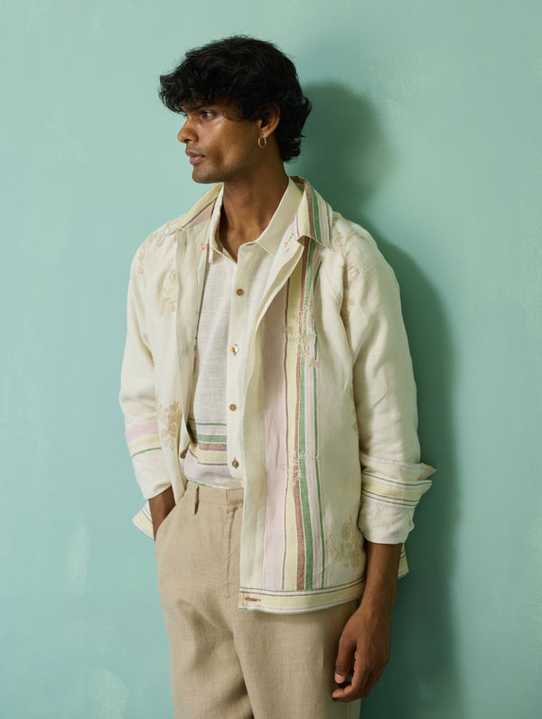 Sorren Hand-Embroidered Border Linen Jacket - Ivory