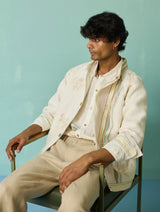 Sorren Hand-Embroidered Border Linen Jacket - Ivory