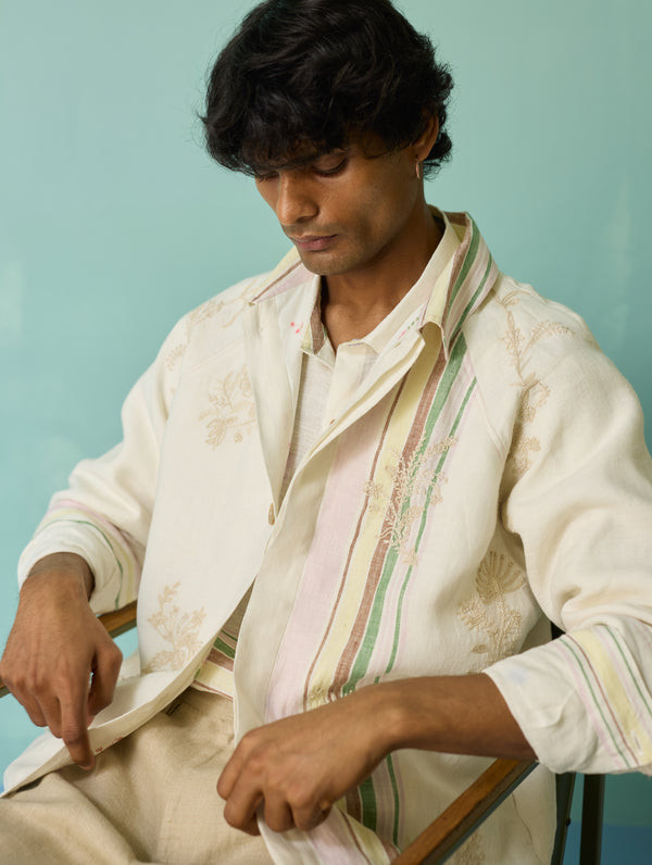 Sorren Hand-Embroidered Border Linen Jacket - Ivory