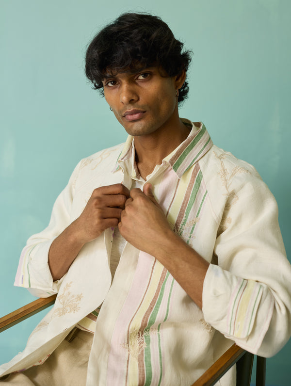 Sorren Hand-Embroidered Border Linen Jacket - Ivory