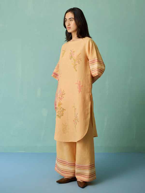 Nami Floral Block-Printed Curved Hem Kurta - Apricot