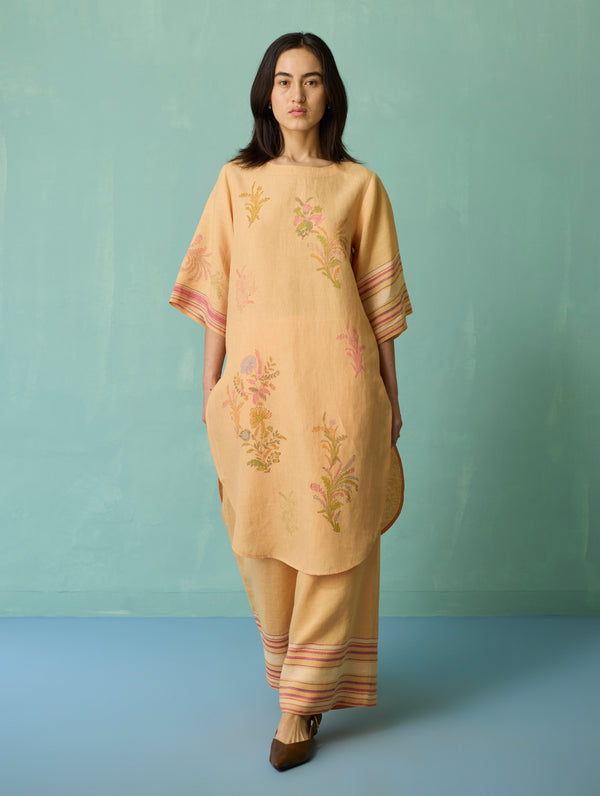 Nami Floral Block-Printed Curved Hem Kurta - Apricot