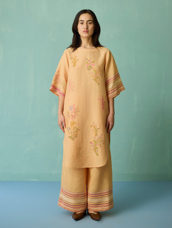 Nami Floral Block-Printed Curved Hem Kurta - Apricot