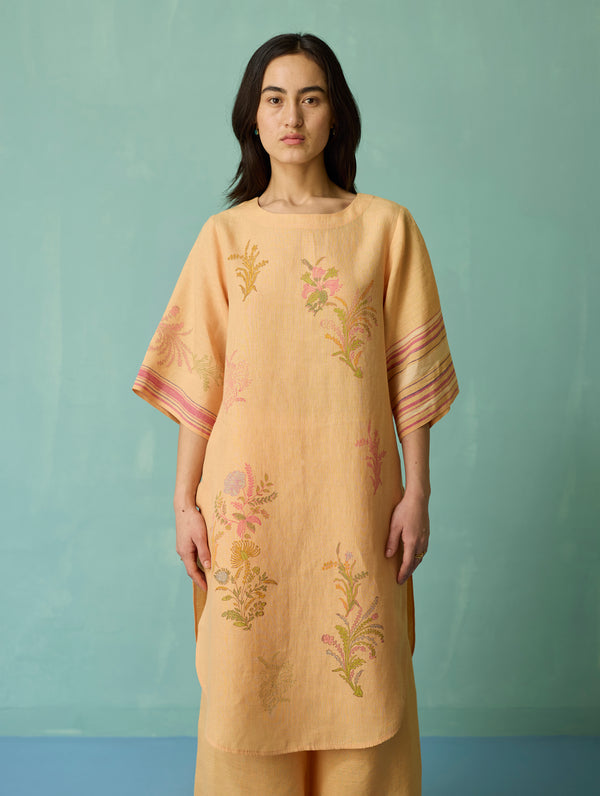 Nami Floral Block-Printed Curved Hem Kurta Set - Apricot